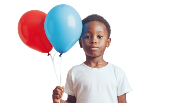 African American boy holding red and blue balloons