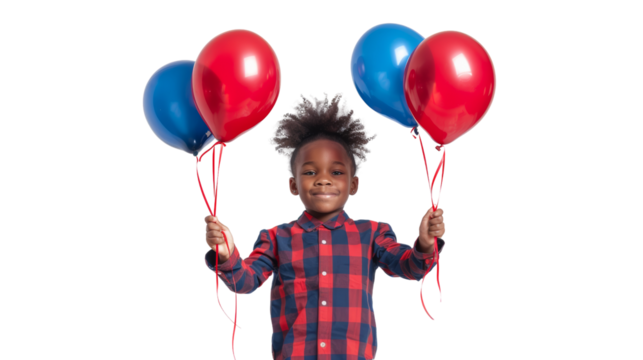African American girl in plaid shirt holding red and blue balloons