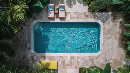 Naklejka na ściany i meble aerial top view of clean swimming pool in a backyard, summertime