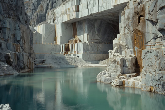 cava di marmo bianco sedimentato con venature grigio chiaro e ruggine si riflette in pozza d'acqua verderame con luce pomeridiana naturale