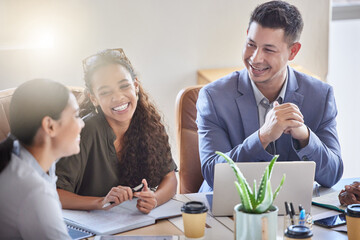 Office, discussion and laptop with interview, laugh and group collaboration for small business...