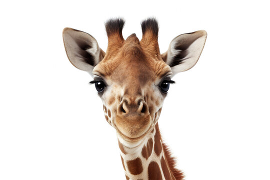 Young giraffe close-up portrait on white isolated background. Safari cute animal baby portrait. Generative AI illustration - Powered by Adobe