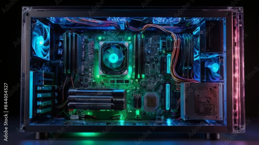 Poster a concept illustrating the upgrade and repair of desktop computers features a gaming computer glowin