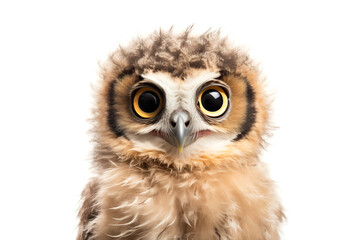 Fototapeta premium Cute owl looking at camera. Head close-up portrait of owl. White Isolated background. Generative AI