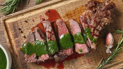 freshly grilled sliced steak with green parsley sauce
