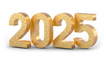 Year 2025, golden 3D numbers isolated on transparent background