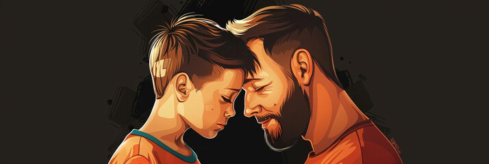 Illustration of father and son on a striking black background, capturing their bond and love in a timeless and elegant portrayal.