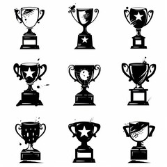 Trophy cups, golden goblet, silver reward, champion bowls. Contest winner award collection, prize cup