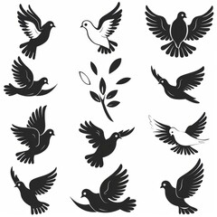 Peace dove graffiti, pigeons, twigs ink illustration. Flying birds silhouettes monochrome flat icons