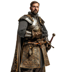 Fototapeta premium Portrait of a noble medieval knight in ornate armor, poised and dignified against a neutral backdrop