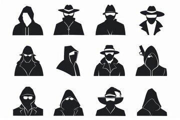 Thief icon, criminal person sign, bandit in mask, burglar silhouette, killer, gangster or robber in balaclava