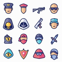 Thief icon, criminal person sign, bandit in mask, burglar silhouette, killer, gangster or robber in balaclava