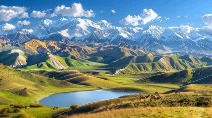 Breathtaking mountain scenery with vibrant green hills and a calm lake under a clear blue sky. Captivating landscape ideal for nature, travel, and adventure themes.