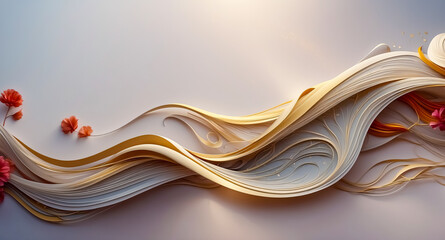 Obraz premium Abstract Golden and Beige Paper Waves with Pink Flowers