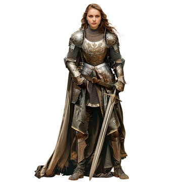 Formidable female knight in ornate medieval armor, standing confidently with sword