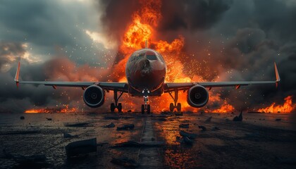 Commercial jet with explosive fire behind