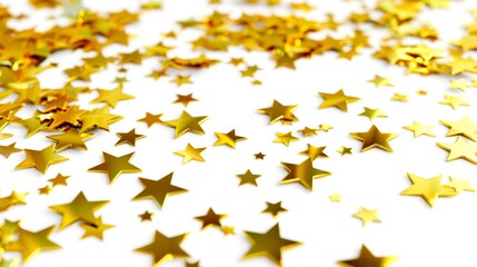 Golden star confetti scattered on a white surface for celebrations. 
