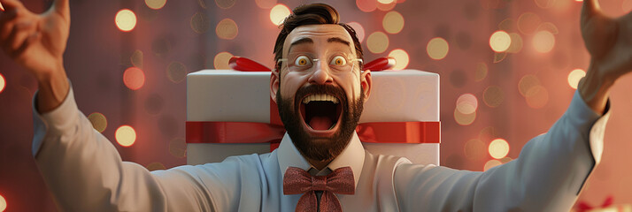 Surprising 3D render for Father's Day, intricate details, father's delighted reaction, perfect for celebrating dad.