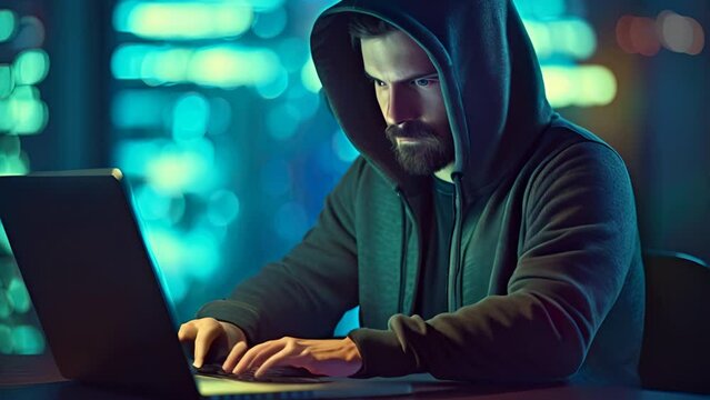 Cyber attack with unrecognizable hooded hacker. Hacker steal money in the office
