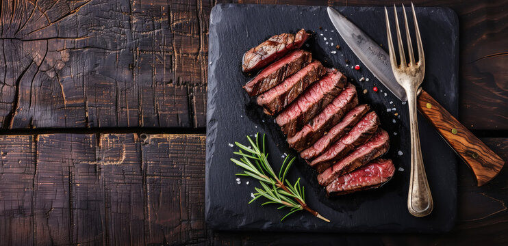 solomillo de carne troceado sobre tabla de pizarra negra y mesa de madera, junto a un cuchillo y tenedor, decorado con una planta de especie