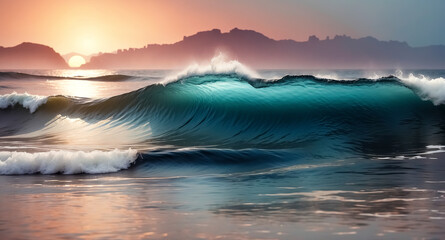 Ocean Wave Breaking at Sunset
