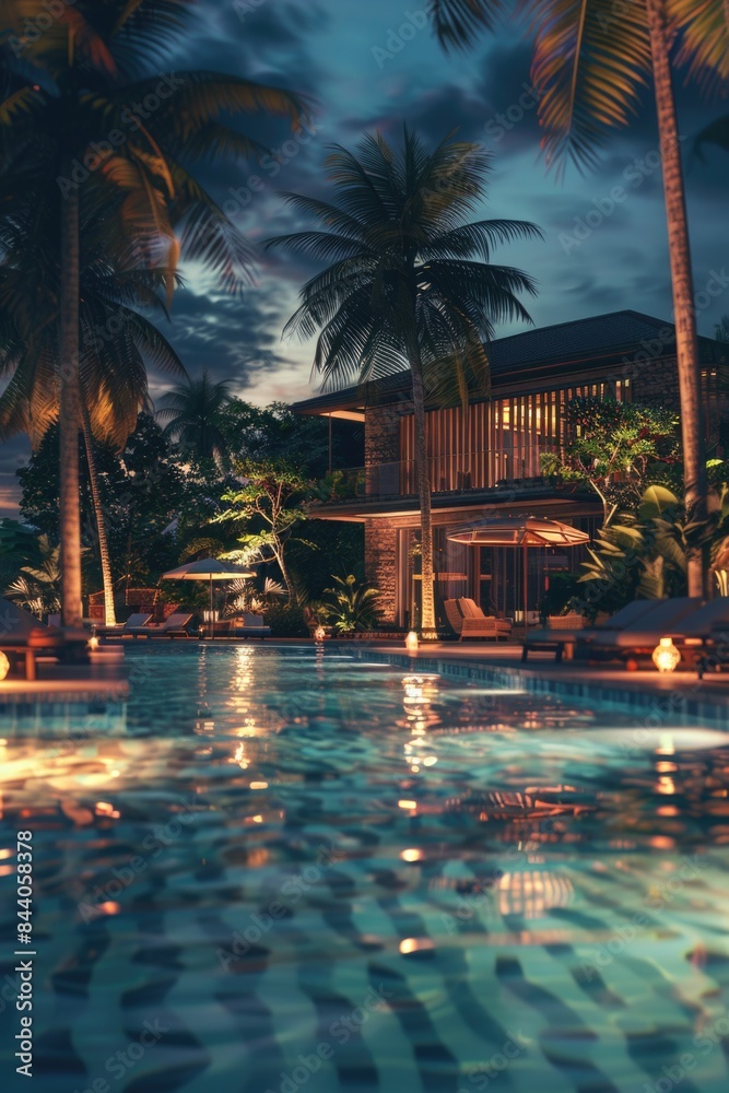 Poster a picture of a swimming pool with palm trees in the background, great for use in travel or leisure r