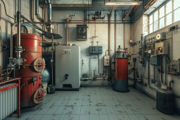 Various types of water heaters stored in a room