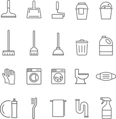 モノクロの掃除道具に関する線画アイコンセット