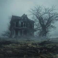 Eerie Solitude: Abandoned House Shrouded in Fog with Twisted Trees