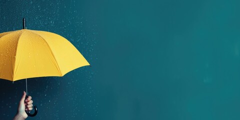 Woman's hand holds yellow umbrella in rain against blue background with copy space banner 2:1