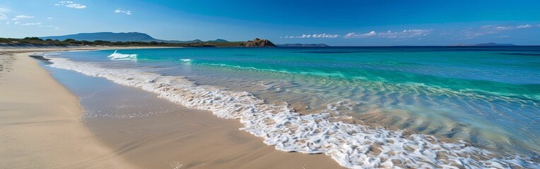 Fototapeta premium Sandy Beach Paradise with Turquoise Sea and Blue Sky