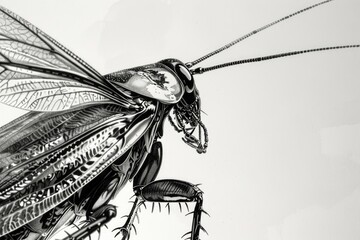 A close-up image of a small insect photographed in black and white, providing high contrast details