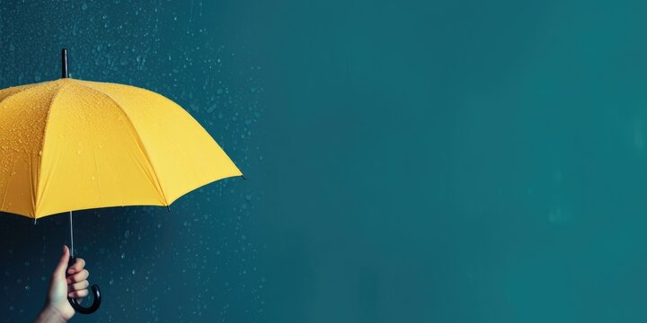 Woman's hand holds yellow umbrella in rain against blue background with copy space banner 2:1