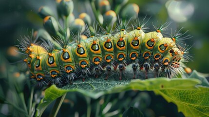 A close-up view of a caterpillar transforming into a butterfly on a leaf