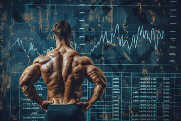 Muscular man with stock index on screen