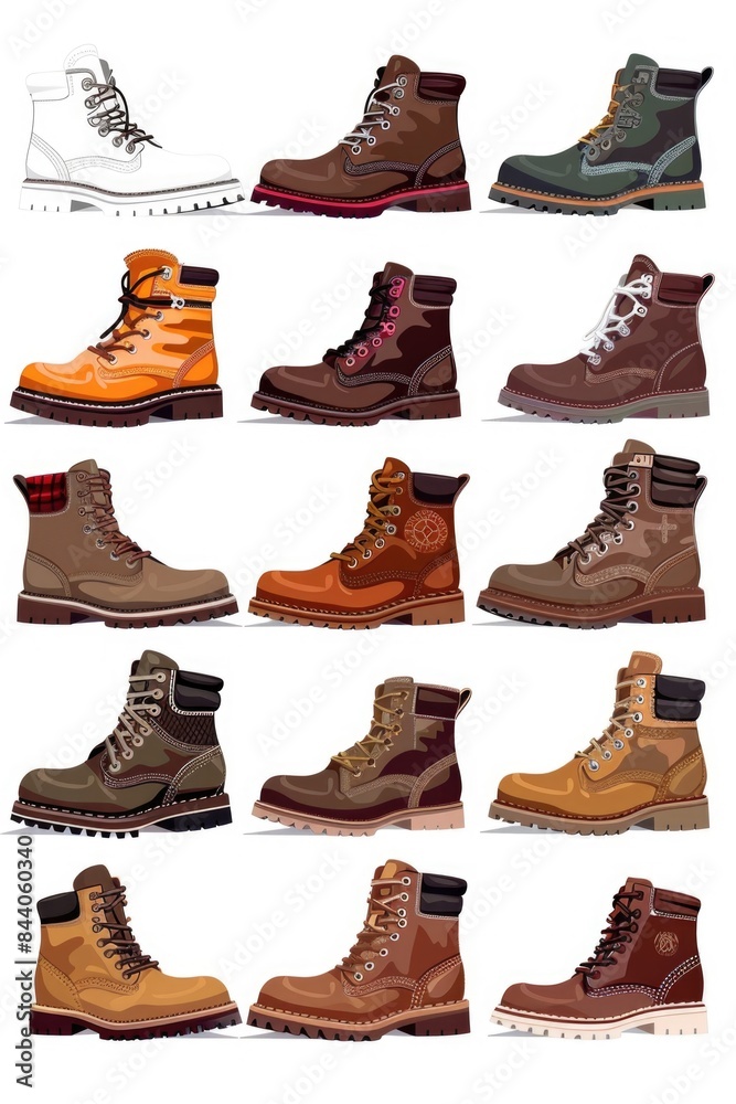 Poster collection of footwear on a clean and neutral background, perfect for showcasing different boot desi