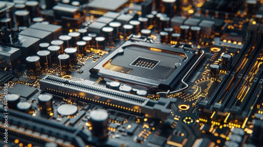 Poster A detailed shot of a computer motherboard with various components and circuitry