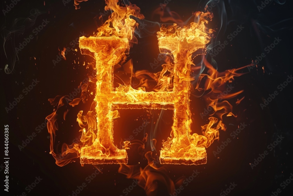 Poster a dramatic image of the letter h surrounded by intense flames on a dark background, perfect for uses