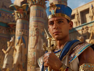 A realistic photo of an Egyptian man with a pharaoh headress and blue, gold, white and red holding a golden Ankh
