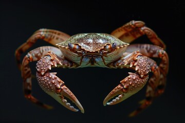 A close-up view of a crab sitting on a black surface