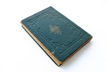 Fototapeta premium green coloured damaged cover of a very old book. yellowed natural paper texture. isolated on white background. clean close-up.