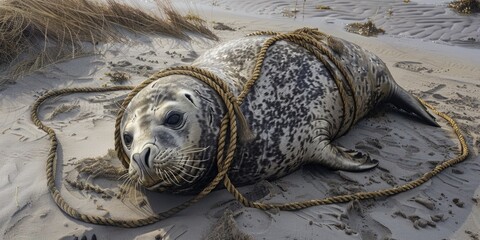 Obraz premium A solitary seal lying on the sand, possibly resting or grooming itself