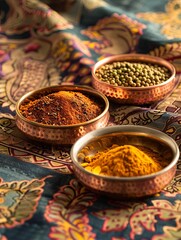 Fototapeta premium Close-up shot of a variety of Indian spices, including turmeric, cumin, coriander, and garam masala, arranged in copper bowls on a colorful fabric background. Generative AI