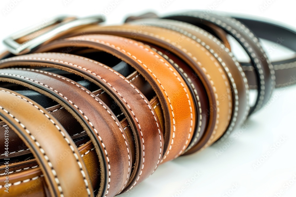 Aufkleber a close-up shot of multiple belts lying on a white surface, suitable for use in fashion or product p