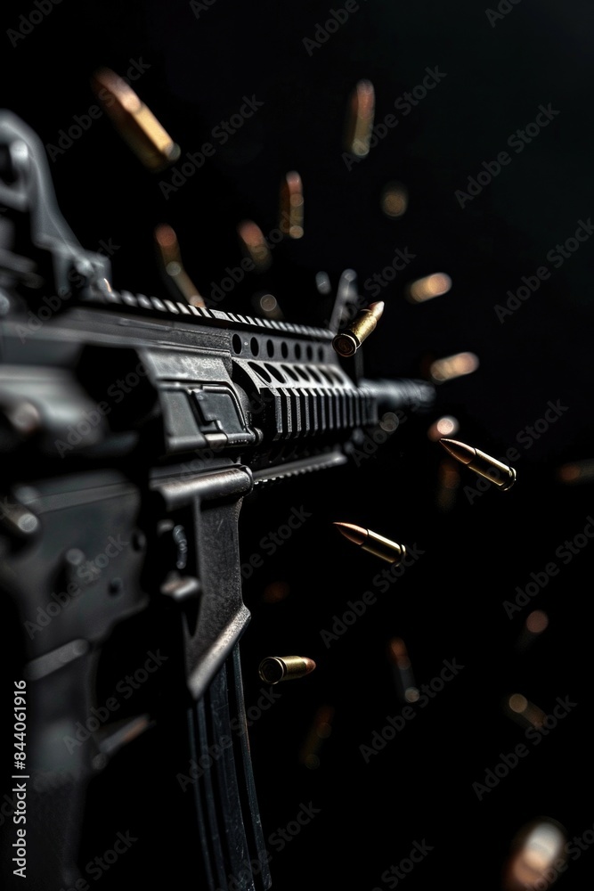 Poster A close-up view of a machine gun with spent bullet shells surrounding it, often used in military or action scenes