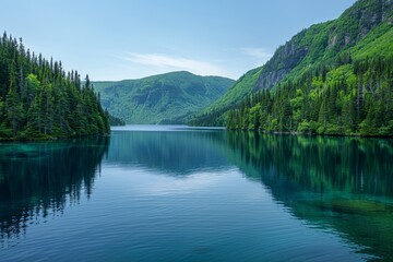 Naklejka premium Serene Mountain Lake With Lush Green Foliage and Crystal Clear Water
