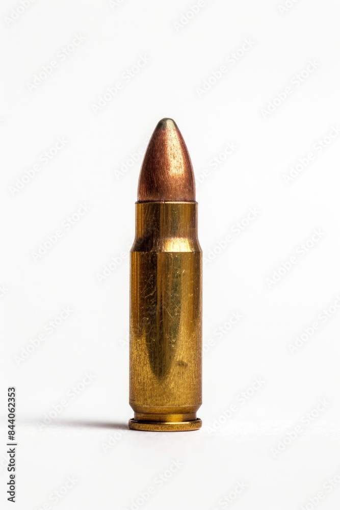 Poster A detailed view of a single bullet on a white background, suitable for use in editorial or commercial contexts