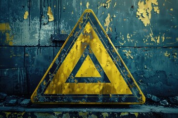 A yellow triangular sign sits atop a wooden table, ready for use