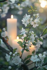 A single white candle placed beside a tree with blooming white flowers, suitable for romantic or peaceful settings