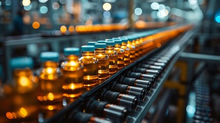 a row of bottles filled with liquid on a conveyor belt at a factory